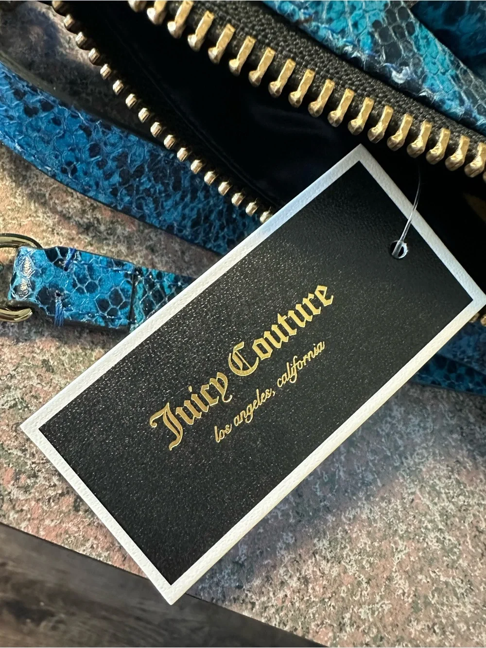 Juicy Couture Teal Snake-Print Shoulder Bag with Gold Chain Accents